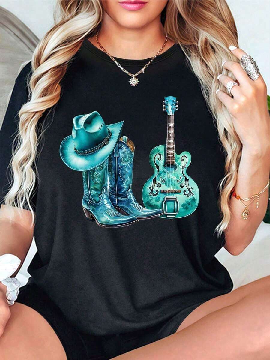 % Cotton Women's Western Cowboy-Inspired-Shirt With Blue Hat & Boots Print - Casual Crew Neck, Short Sleeve Top Spring/SummerSuitable Both Men And Wo - 黑色 - 查看 1