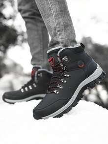 秋冬抓绒雪地靴军靴青少年校园学生抓绒短靴户外雪地靴登山靴徒步靴防寒保暖耐穿 - 黑色 - 查看 2