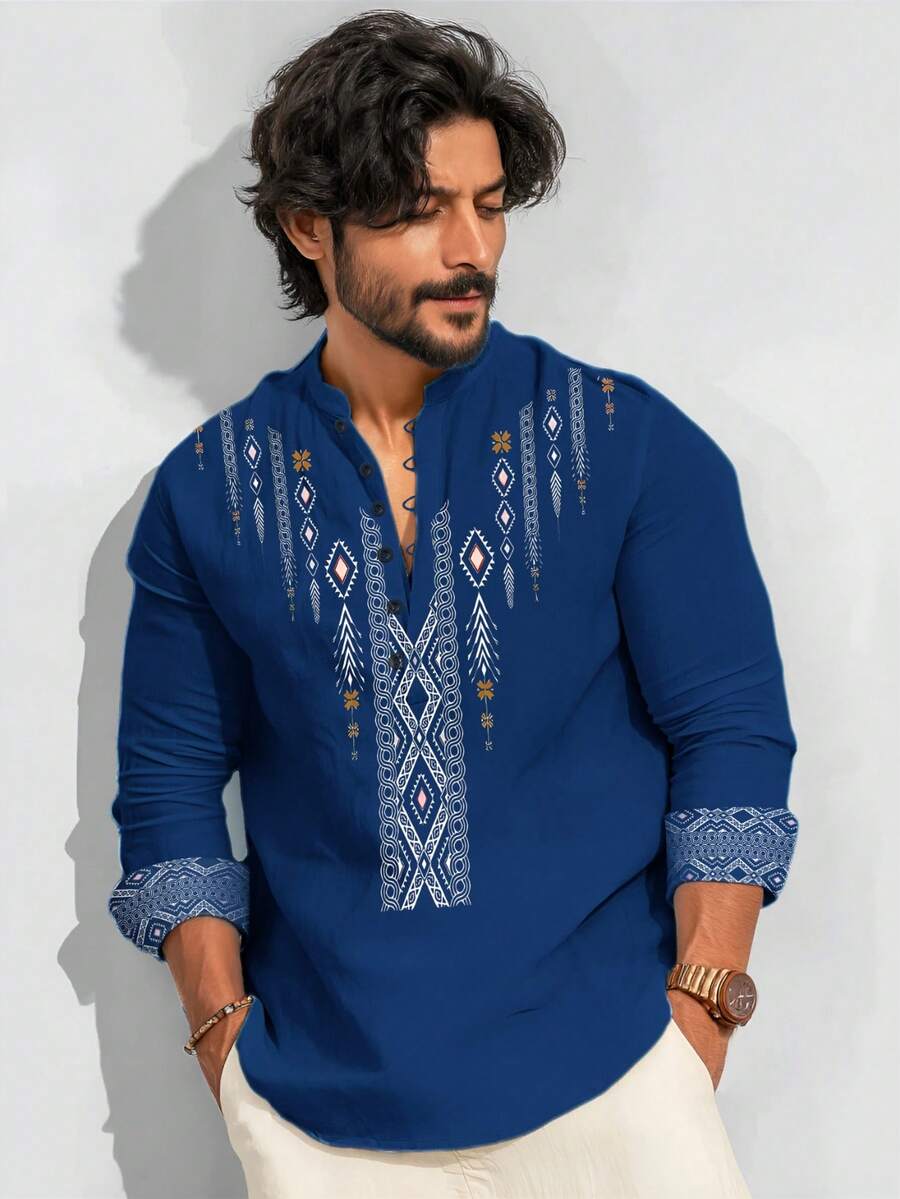 男士绅士优雅简约长袖衬衫，商务休闲 - 藍色 - 查看 1