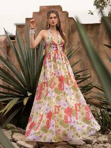 Faeriesty BohoBloom Women's Bohemian Style Backless Spaghetti Strap Maxi Dress, Adjustable Tie-Back, A-Line Silhouette - Ideal For Beach Vacation, Casual City Outings, Park Strolls, Hangouts With Friends, And Music Festivals. - Pink - View 5