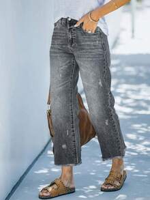 Comfortable Loose Fit Stretchy Distressed Washed Blue Frayed Hem Straight Leg Jeans For Women, Street Style