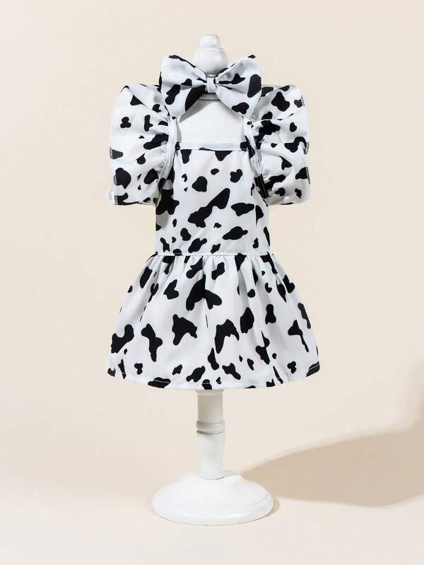 1 Set Pet Tulle Dress With Bow Tie, Cute Fashion Printed Dress + Bow Tie Pet Costume, Elastic Mesh Princess Pet Dress For Dogs & Cats