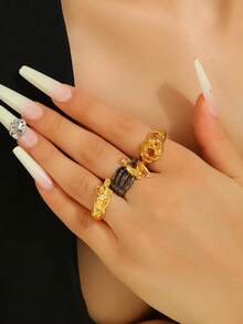 1 Set Of 3pcs Fashionable Asymmetrical Geometric Metal Rings