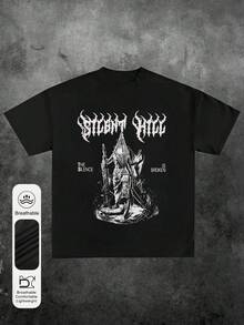 Camiseta de mujer de manga corta, cuello redondo, corte holgado, con estampado gráfico del videojuego Silent Hill, en color negro para el verano - Negro - Ver 5