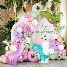 Set de 110 piezas de guirnalda de arco con globos de tema de dinosaurios rosados, que incluye globos de látex rosados, verdes, morados y globos de aluminio con formas de dinosaurios de cuello largo rosados, dinosaurios con cuernos y pterosaurios, perfecto para decoraciones de fiesta de cumpleaños, fondo decorativo, reuniones familiares y suministros de fiesta con tema de dinosaurios de dibujos animados - Multicolor - Ver 11