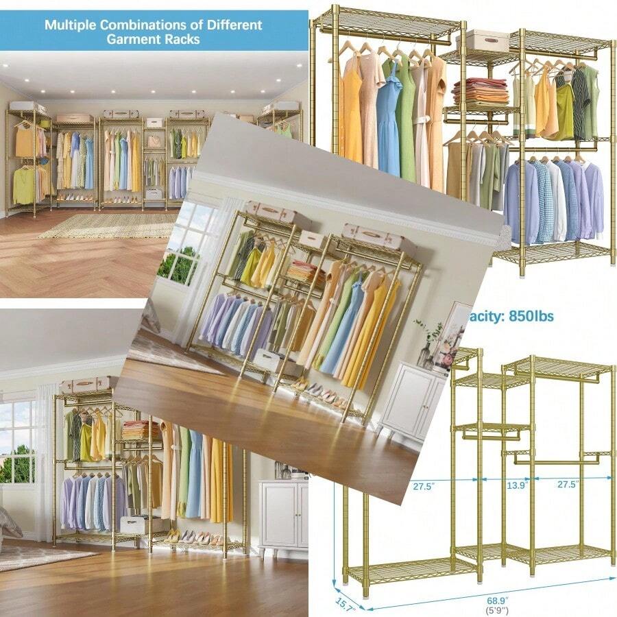V6 Wire Garment Rack Heavy Duty Clothes Rack With 7 Adjustable Shees 4 Hanging Rods Compact DIY Metal Clothing Rack 74.4 L X 17.7 W X 76.8 H Max Load 600LBS Gold