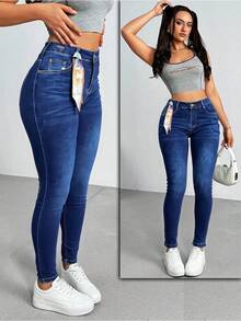 Pantalones vaqueros ajustados de tiro alto en azul oscuro con pañuelo decorativo, elegantes y versátiles - Azul lavado oscuro - Ver 3