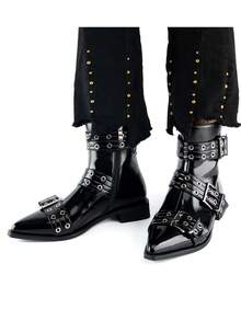 Women's Pointed Toe Punk Ankle Boots, Leather Flat With Multiple Buckles & Zipper, Edgy Style For Christmas Or Party​ - 黑色 - 查看 5