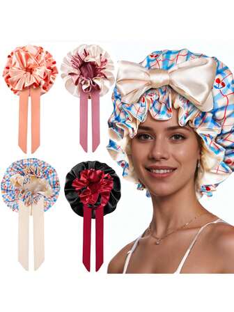 Silk Bonnet For Sleeping Women, Printing Double Layer Satin Bonnet Night Sleep Cap Wrap Satin Hair Shower Cap Tie Band Adjustable Straps Head Wrap For Curly Hair