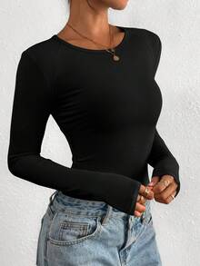 PRETTYGARDEN Women Spring And Fall Long Sleeve Shirts Clothes Cute Going Out Tops Ribbed Tight Fitted Plain Basic Tee Tshirts Vacation Outfits For Women - 黑色 - 查看 5