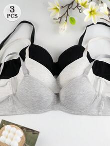 3pcs Solid Color Minimalist Comfortable Breathable Lightweight Wireless Bra, Cotton Adjustable Strap