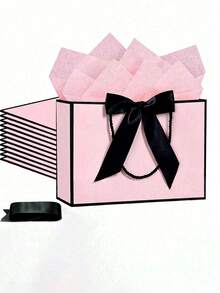 20pcs Mini Horizontal Kraft Paper Gift Bags With Bow Ribbon Handles, Horizontal Paper Gift Bags Suitable For Wedding Bridesmaid Favors, Unisex, Applicable For Birthday, Wedding, Bridesmaid Party Favors, Shopping Retail (Black & Pink)