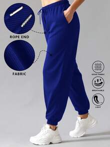 大码女式抽绳腰带口袋运动裤，适合健身、跑步、户外和休闲穿着 - 寶藍色 - 查看 1