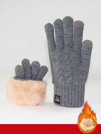 Herrstickade handskar, dubbelskiktat termofoder, varm, vindtät, pekskärm lämplig för leverans, cykling i vinter höstkläder fluffiga