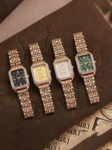 1 件简约罗马数字表盘不锈钢表带石英表，适合生日、返校、度假、万圣节礼物 - 金色 - 查看 4