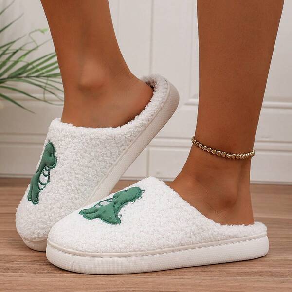 Damen weiche & bequeme thermisch gefütterte Lässig Hausschuhe mit Dinosaurier-Applikation, geeignet für alle Jahreszeiten