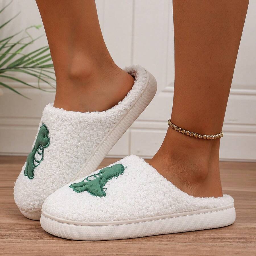 Damen weiche & bequeme thermisch gefütterte Lässig Hausschuhe mit Dinosaurier-Applikation, geeignet für alle Jahreszeiten