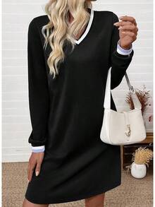 Womens Dresses 2025 Fall V Neck Long Sleeve Casual Tshirt Dress Spring Contrast Striped Sweatshirt Dresshalloween - màu đen - Xem 8
