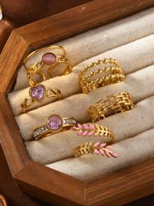 4/6/7 Pieces Fashionable French Delicate Stainless Steel Ring Set For Women With Pink Gemstone Jewellery Suitable For Women's Daily Matching Use Holiday Dating Gift Wedding Engagement Ring Jewellery