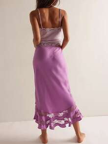 Women's Black Midi Skirt With Lace Ruffle Hem High - Waist Asymmetrical Long Skirt - 紫色 - 查看 2