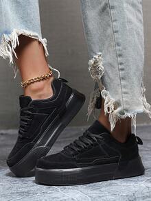 (Kích thước nhỏ hơn) Giày trượt ván buộc dây phía trước đơn giản màu trơn họa tiết chắp vá dành cho nữ, giày thể thao đế xuồng mũi tròn thoải mái thường ngày - màu đen - Xem 5