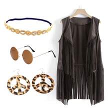Retro 60s Hippie Party Outfit, Solid Color Fringe Vest, Glasses, Necklace, Earrings, Fun Cosplay Medieval Renaissance Masquerade Ball Christmas Halloween Party Magic Costume Prop, New Vintage Casual