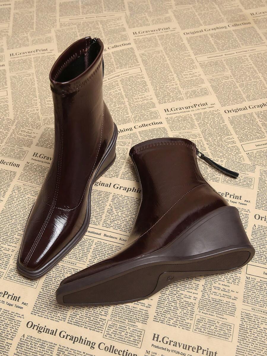 2025 Autumn New High-Quality Hot Selling Women's Elegant Brown Boots, Wedge High Heel Pointed Toe Ankle Boots, Versatile Fashion Ankle Boots For Women, Autumn/Winter - Brown - View 1