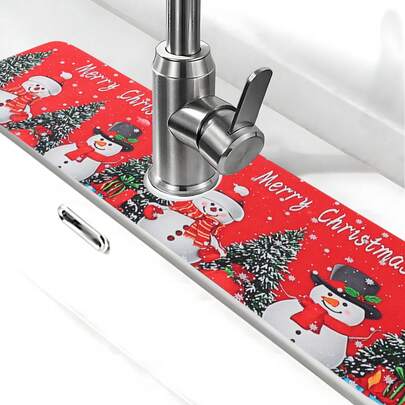 1 件圣诞水槽水龙头吸水垫、圣诞快乐碗碟干燥垫（带雪人）、圣诞树和雪花设计、吸水水槽周围盖、浴室和厨房水龙头垫、家居圣诞装饰、圣诞派对装饰、圣诞派对礼品、冬季装饰、理想的圣诞装饰礼物、台面保护垫、厨房水槽垫、洗脸盆保护垫