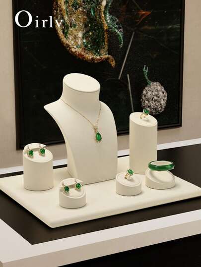 Oirlv 1 pieza Juego de exhibición de joyería de mostrador beige, accesorios para escaparate de tienda, soporte para collar, aretes, anillo, organizador de almacenamiento de joyas