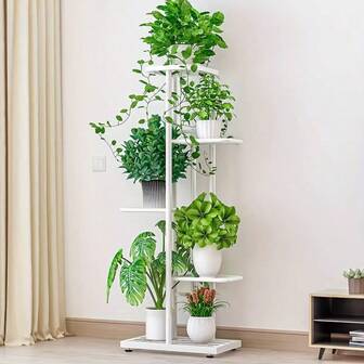 A Five-Tier Wrought Iron Flower Stand, Sturdy And Durable, Elegant And Refined, Suitable For Indoor Use On Balconies. This Wrought Iron Living Room Flower Pot Stand Can Hold Six Potted Plants And Is Ideal For Decorating Living Room Balconies With A Vertical Tiered Frame.