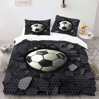 3件套运动图案床上用品，2D足球图案羽绒被套，可水洗、可机洗、可干洗，四季皆宜。特色工艺羽绒被套，卧室家居装饰（1个羽绒被套+2个枕套，不含填充物）