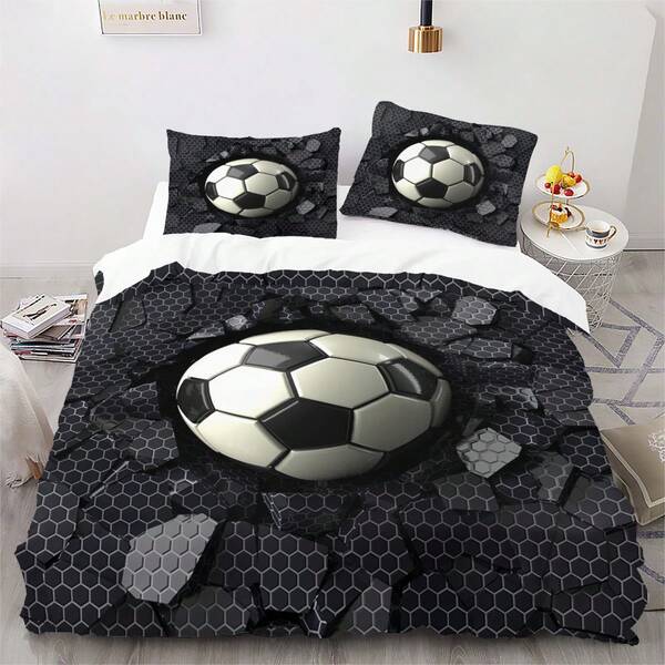 3 قطع طقم بياضات ذو نمط رياضي، غطاء لحاف ذو نمط كرة القدم ثنائي الأبعاد، قابل للغسيل آليًا وجاف، مناسب لجميع الفصول. غطاء لحاف مميز، ديكور غرفة النوم (1 غطاء لحاف + 2 كيس وسادة، بدون حشو)