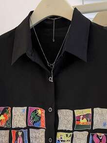 女士纯色印花前开襟休闲长袖衬衫，黑色，适合度假和春季穿着 - 黑色 - 查看 3