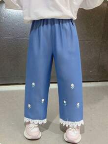 1pc Girls Casual Floral Pattern Ruffle Trim Denim Pants, Suitable For Spring/Autumn