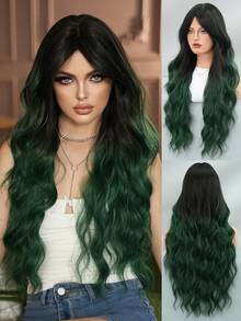 7JHH WIGS 28-Inch Extra Long Wavy Curly Wig, Ombre Green Color, Voluminous Curls With Bangs And Dark Roots, Made Of Fully Woven Synthetic Fiber, Suitable For Daily Wear, Music Festivals, Halloween Cosplay And Other Occasions, Fashionable Accessory. - 墨綠色 - 查看 2