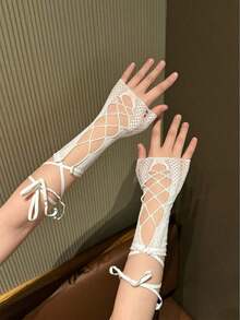 1 Pair Women Elastic Crossed Solid Color Fishnet Bandage Short Sleeves Gloves With Exposed Fingers For Party Outfit Halloweeny2k Valentine's Day Valentines - 黑色 - 查看 3