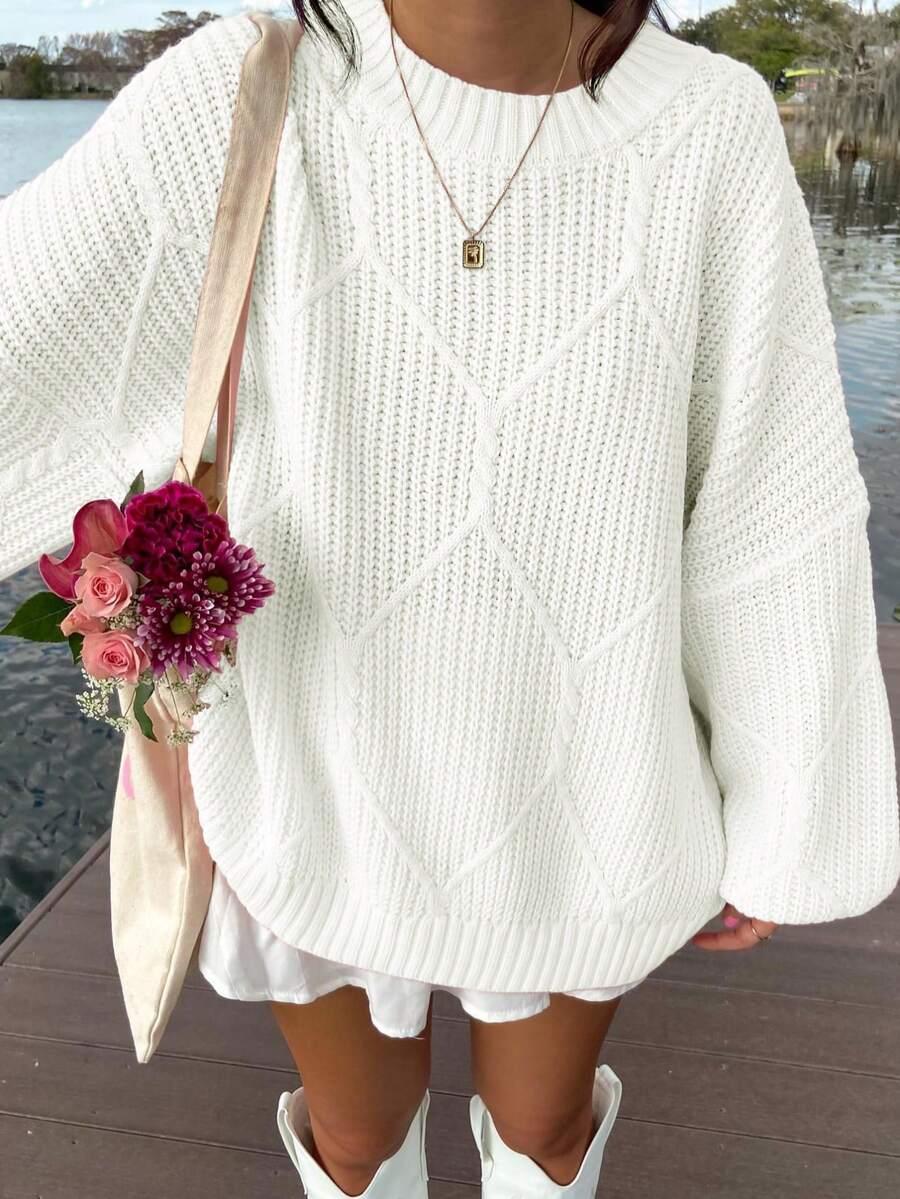 Women's Loose Solid Color Long Sleeve Thick Knit Sweater, Round Neck Warm Pullover Sweater, Suitable For Casual Daily Wear In Autumn And Winter - Cream - View 1