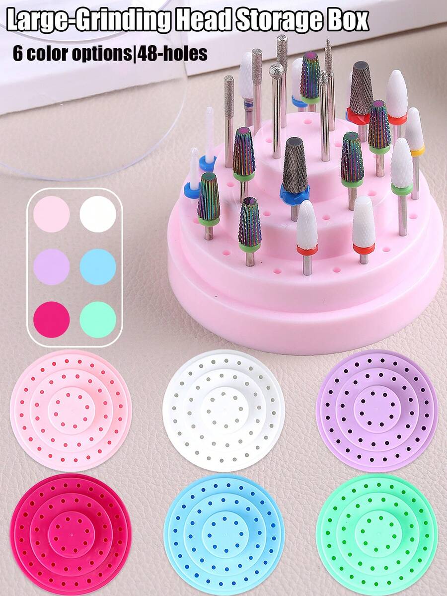 1 pezzo Scatola portaoggetti per punte di levigatura da 48 fori - rosa, bianco, blu, viola, verde, rosso rosa, con coperchio trasparente antipolvere per esporre e conservare forniture per unghie (è inclusa solo la scatola portaoggetti per le punte di levigatura, non sono inclusi altri strumenti)
