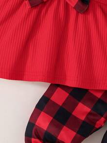 2pcs Baby Girls' Christmas Plaid Round Neck Cap Sleeve Fashion Outfit Set - Red - View 4