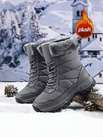 Women's Snow Boots, New Autumn/Winter High-Top Mid-Calf Lace-Up Comfortable Thick-Soled Non-Slip Durable Solid Black Casual Boots, Suitable For Young Women, Fashionable Outdoor Hiking Adventure, Thick Plush Lining, Waterproof Leather Upper, Comfortable And Warm
