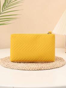 Mini Wavy Pattern Clutch Wallet, Large Capacity Minimalist Zipper Coin Purse, Yellow - Yellow - View 4