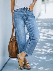 Comfortable Loose Fit Stretchy Distressed Frayed Hem Straight Leg Jeans, Women Street Style Washed Blue Denim Pants