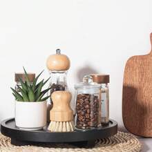 Plateau décoratif rond en bois, organisateur de comptoir de salle de bain, décoration de cuisine de style ferme. Rehausseur en bois pour savonnière, parfum, bougie, éponge - Multicolore - Voir 4