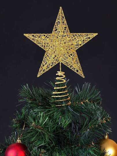 1 peça Estrela Vazada Dourada com Glitter para Árvore de Natal - Decoração Festiva de Interior com Design Metálico Brilhante para Árvores de Natal, Decoração de Casa, Decoração de Inverno