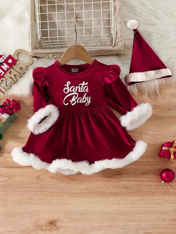 2 Stücke/set Kleid Für Säuglinge Und Babys, Mädchen, Langärmliger Body Mit Pelzsaum Und Hut, Weihnachten