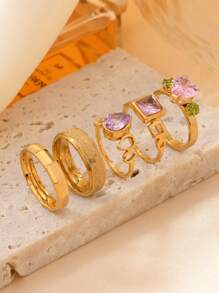 5/9pcs Fashionable & Elegant Stainless Steel Gold Rings Set, Includes Love Teardrop, Roman Numeral, Matte Diamond Elements, 18K Gold Plated, Suitable For Women's Daily Wear, Dates, Gifts, Weddings, Engagements