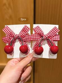 2个可爱樱桃蝴蝶结发夹，韩版时尚发饰，适合日常佩戴，价格实惠，爪夹，发爪，发夹，发卡，秋季时尚，秋冬女装，蝴蝶结，头饰，发卡 - 紅色 - 查看 4