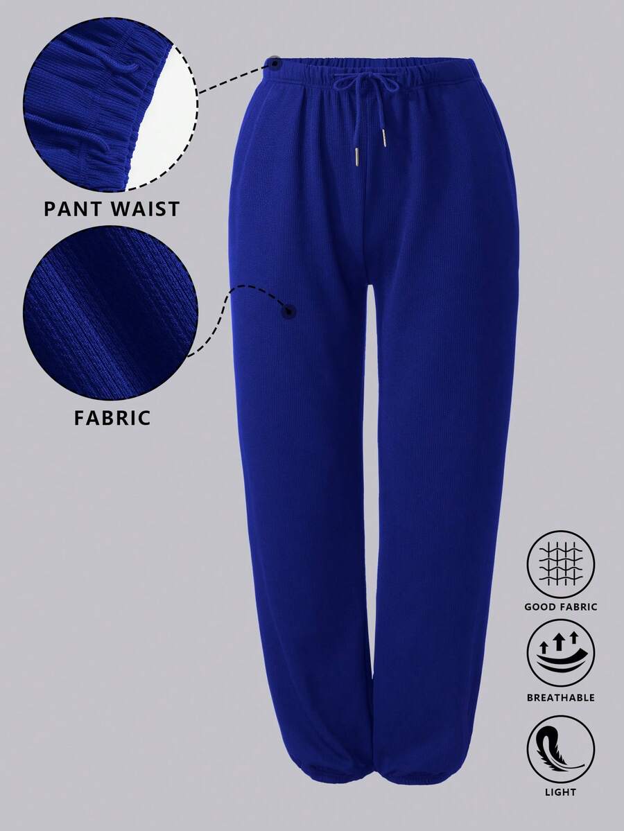 Plus Size Women's Drawstring Waist Pocketed Jogger Pants, Suitable For Fitness, Running, Outdoor & Casual Wear - Royal Blue - View 1