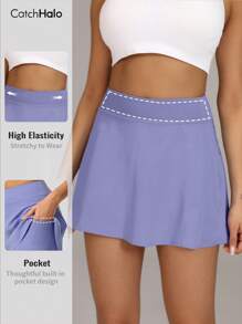 A 字高腰运动裙带口袋 - 收腹和内置短裤防闪光衬里网球裙 | 四向弹力修身透气时尚运动休闲健身迷你裙，适合健身房、网球、高尔夫、瑜伽（紫色，S~2XL）