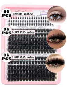 Mikiwi 100D/120D Fluffy Lash Clusters Kit With Bottom Lahses,Volume DIY Individual Lashes Eyelash Extension ,5mm/6mm/7mm Bottom Lashes Multi-Layered Dramatic Faux Mink Fluffy Eyelash Clusters 9-18mm Mix - màu đen - Xem 5
